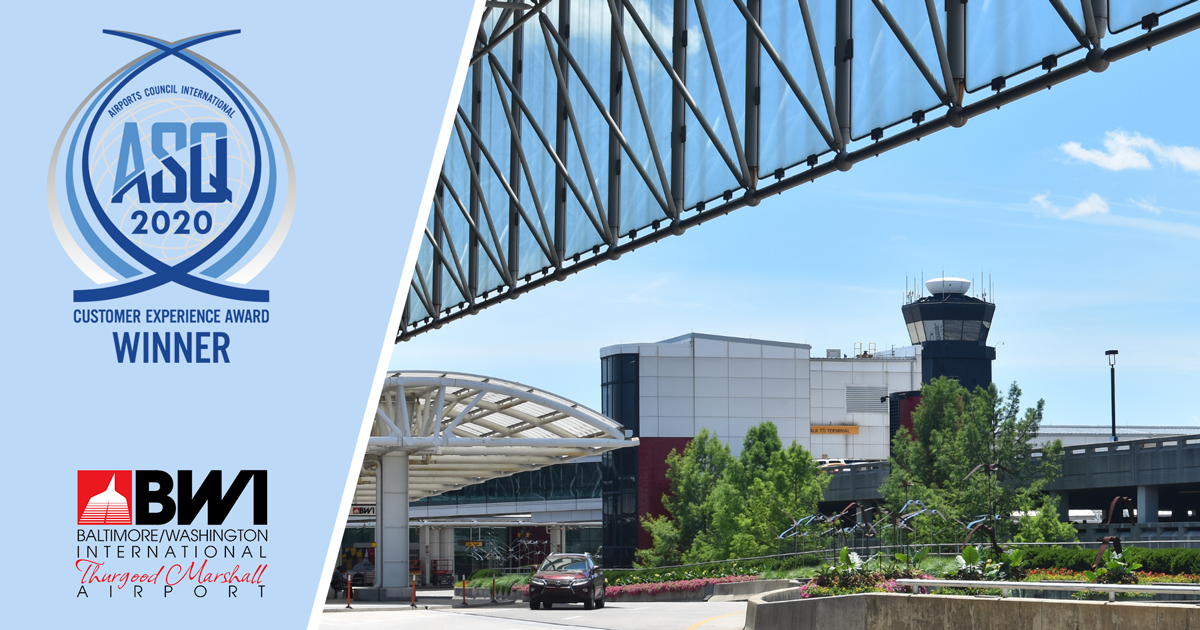 Graphic showing the exit from the BWI Marshall Airport Departures Level roadway with award logo recognizing the airport as the ACI Best Airport In North America 2020.