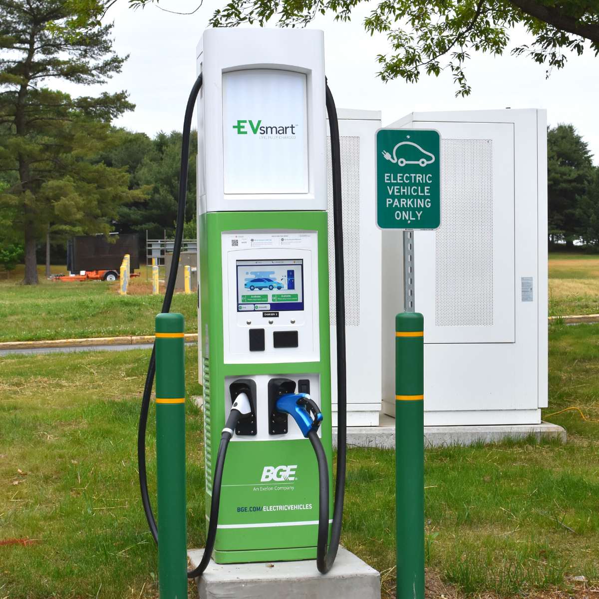 Square photograph of one new Electric Vehicle charging station at the BWI Marshall Airport Cell Phone Lot