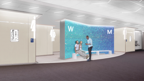Rendering of the entryway to renovated restroom at BWI Marshall Airport.