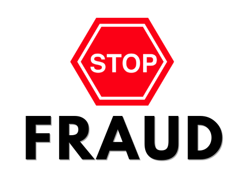 Graphic promoting a Stop Fraud campaign featuring a red stop sign displaying STOP with FRAUD below it.