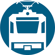 Circular symbol of a Light Rail Car in white outline on a dark blue background