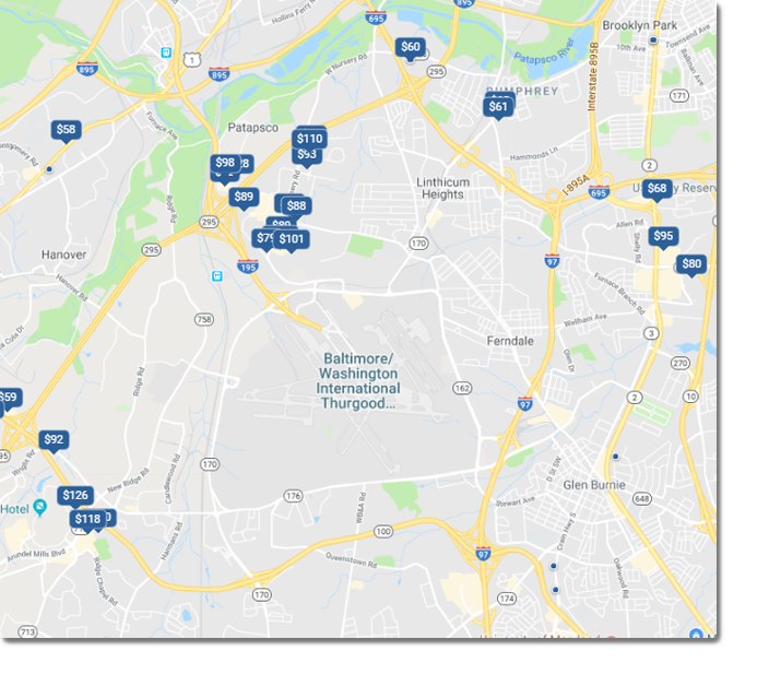 Square image showing a screenshot of hotels near BWI Marshall Airport displayed on Google Maps
