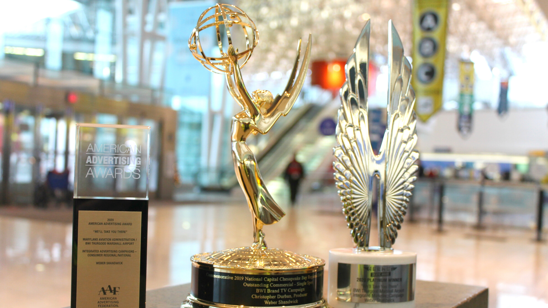 Photograph of three marketing awards received in 2020 by BWI Marshall Airport