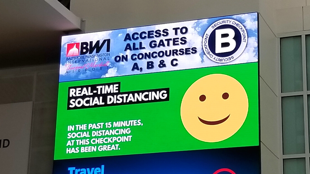 Photograph of real-time social distancing digital display at BWI Marshall Airport Security Checkpoint B.