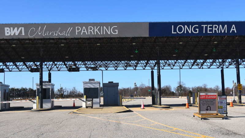 Photograph of the entrance to Long Term A parking lot at BWI Marshall Airport