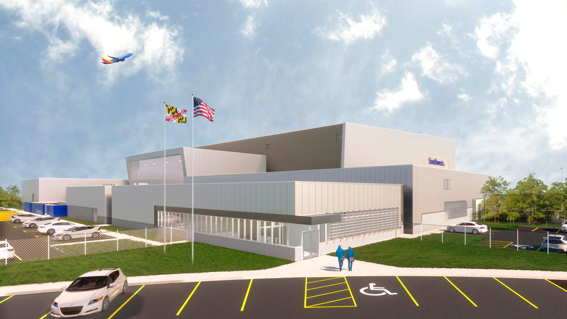 Graphic showing the exterior and parking area of a planned Southwest Airlines aircraft maintenance facility at BWI Marshall Airport