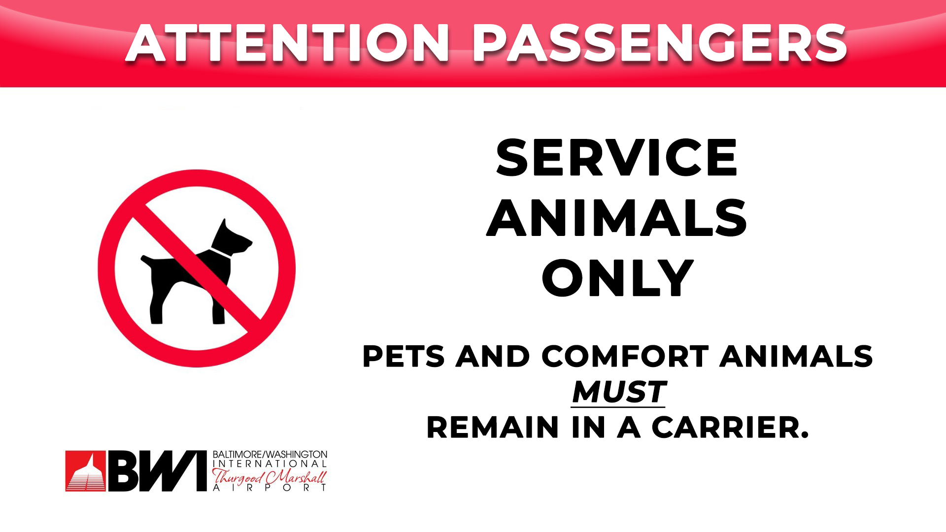Graphic noting non-service animals are to be crated at BWI Marshall Airport
