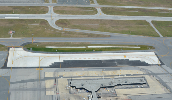 Aerial photograph showing the completed construction work of Taxiway B at BWI Marshall Airport