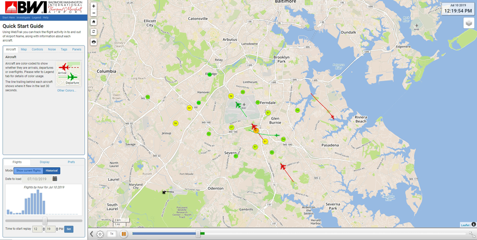 Screenshot of the WebTrak aircraft tracking tool on the BWI Marshall Airport website