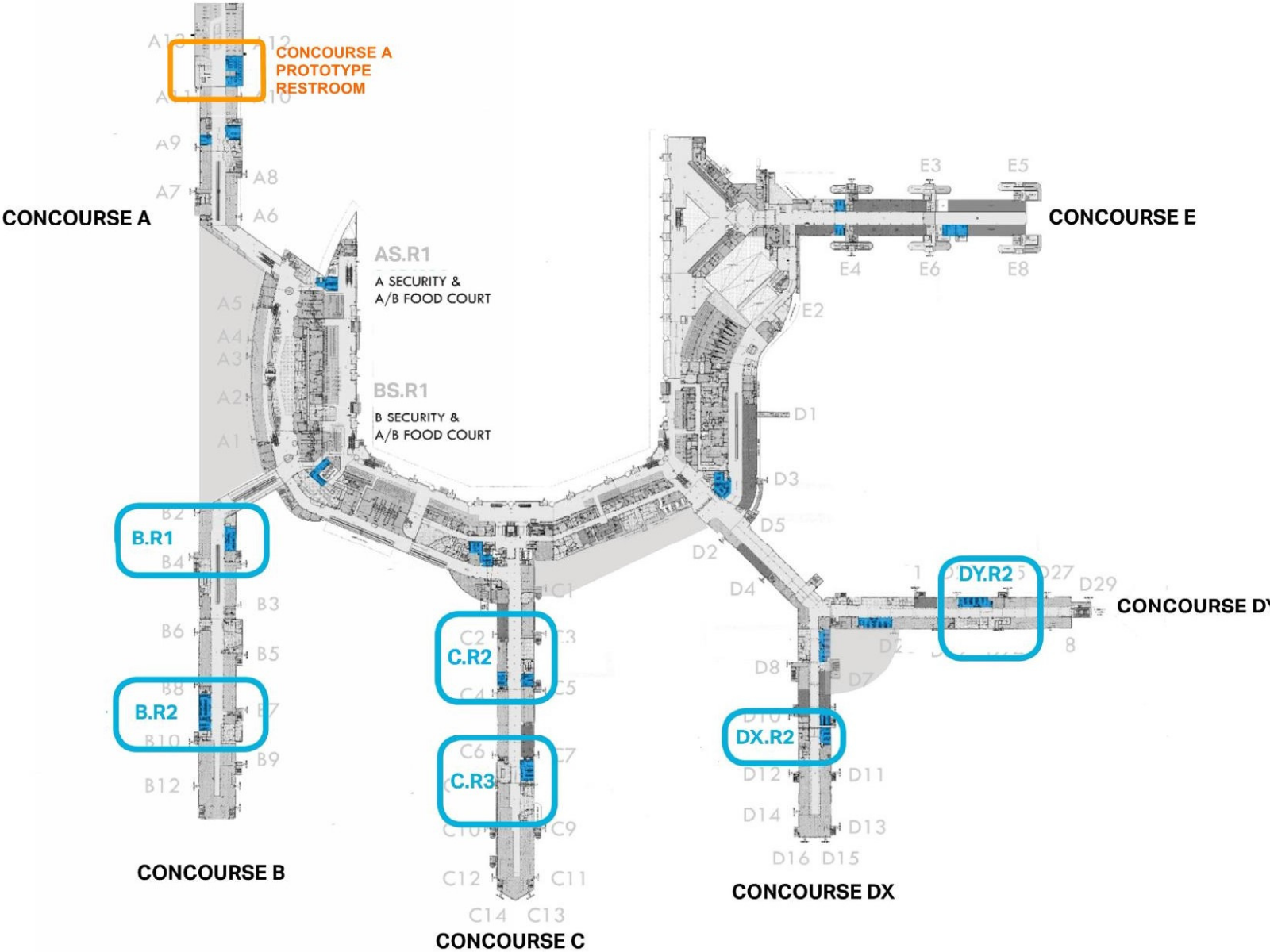 Map detailing restroom locations impacted by restroom renovations program at BWI Marshall Airport