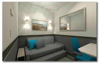 Rendering of the interior of a Minute Suites private room