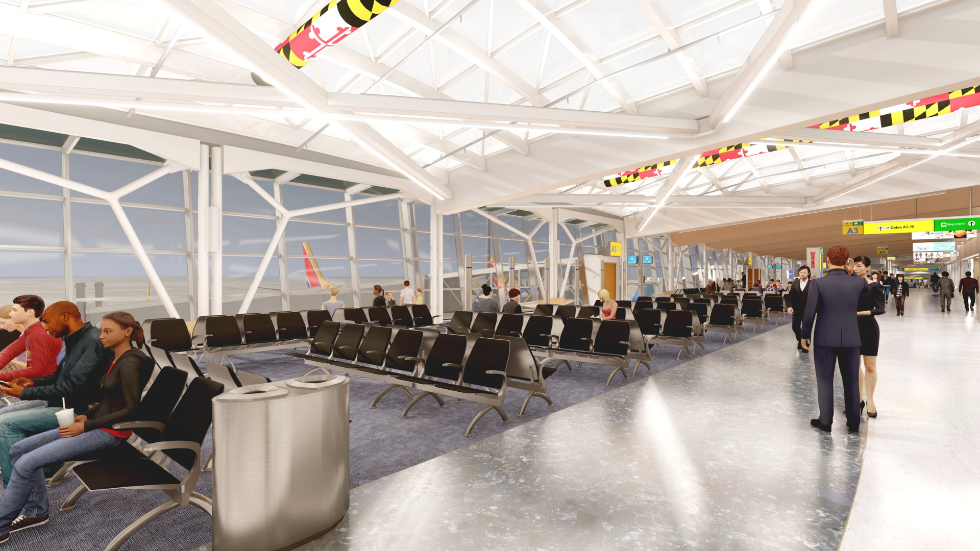 rendering of a holdroom area in the forthcoming A/B Connector at BWI Marshall Airport