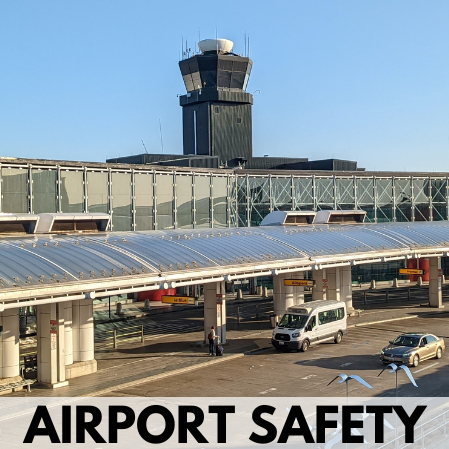 photo overlooking the Departures Level roadway at BWI Marshall Airport with a text overlay along the bottom of the image with text of Airport Safety