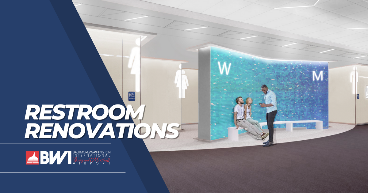 Graphic rendering showing three passengers conversing near the exterior of a renovated restroom at BWI Thurgood Marshall Airport.
