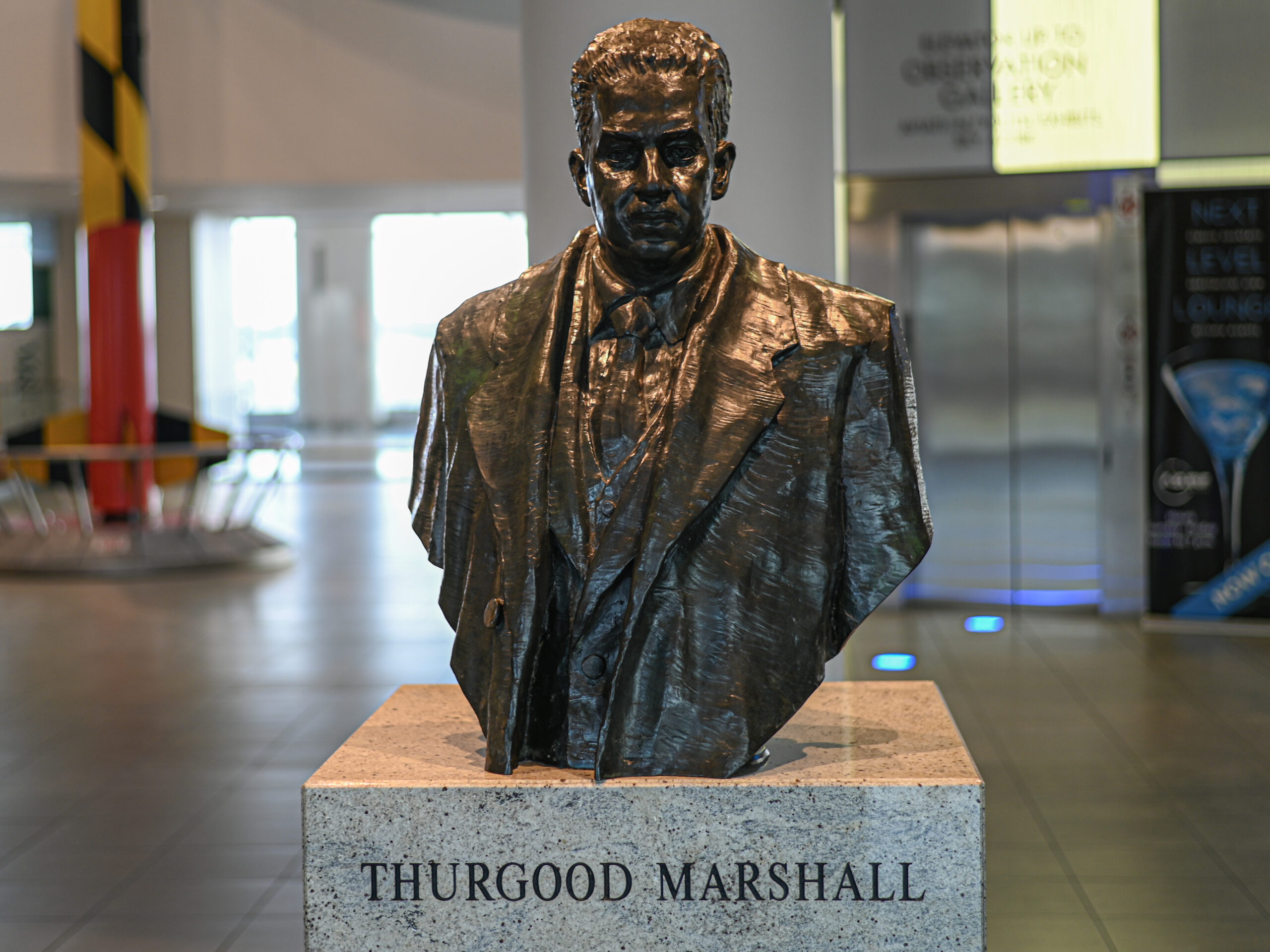 Photo of a bust of Thurgood Marshall on display at BWI Marshall Airport.