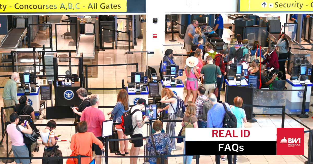 Overhead photo showing passengers in a security checkpoint queue at BWI Marshall Airport.