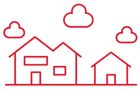 Graphic showing vector outline of homes with puffy clouds in the sky.