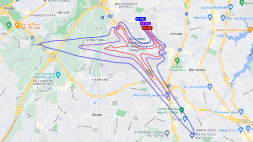Map showing noise contours surrounding BWI Marshall Airport.
