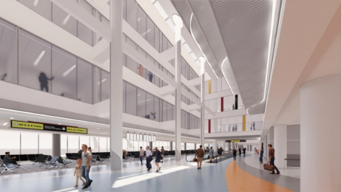 Rendering of a proposed hotel at BWI Marshall Airport with graphic showing travelers in walkway inside the airport terminal near the hotel entrance.