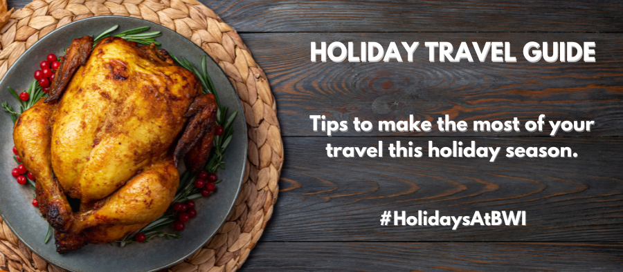 Graphic including a photo of a turkey on a serving platter on a wooden table with text of Holiday Travel Guide and Tips to make the most of your travel this holiday season.