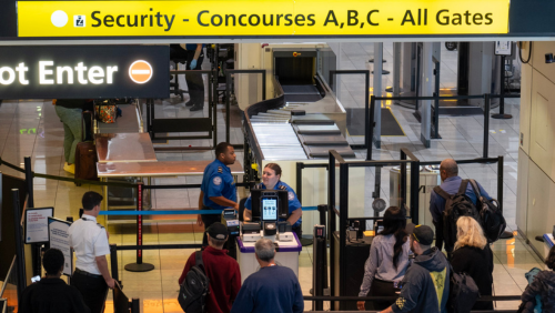 Photo of passengers in a security checkpoint queue at BWI Marshall Airport.