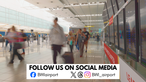 Photo with a blurred effect showing passengers walking through the main terminal area at BWI Marshall Airport with a graphical overlay prompting viewers to follow the airport on Facebook, X, Threads and Instagram.