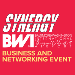 Graphic a red box and a logo for the SynergyBWI Business and Networking Event