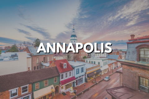 Graphic includes a photo overlooking storefronts in Annapolis, Maryland with text overlay of Annapolis