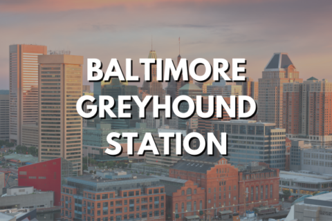 Graphic includes photo of the downtown Baltimore, Maryland skyline, plus a text overlay of Baltimore Greyhound Station