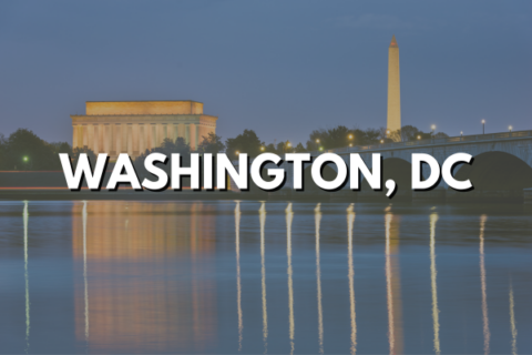 Graphic includes photo of the Lincoln Memorial and Washington Monument reflecting off the surface of the Potomac River, plus a text overlay of Washington, DC