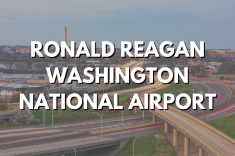 Graphic includes photo of the Washington, DC skyline as seen from northern Virginia, plus a text overlay of Ronald Reagan Washington National Airport