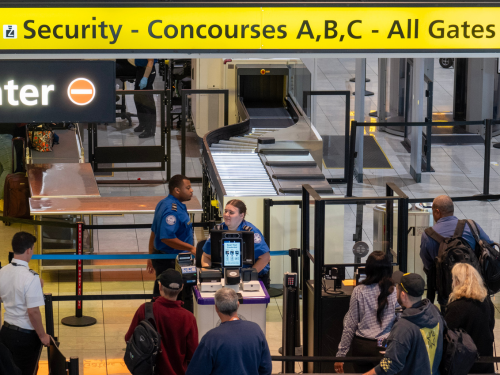 Overhead photo of travelers in a checkpoint queue at BWI Thurgood Marshall Airport