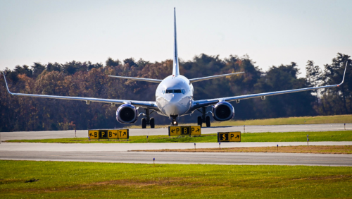 Head-on photo of an aircraft on a taxiway at BWI Thurgood Marshall Airport.