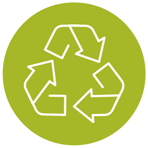 Green circle contains a recycling icon of a Mobius loop consisting of three-chasing-arrows in the shape of a triangle