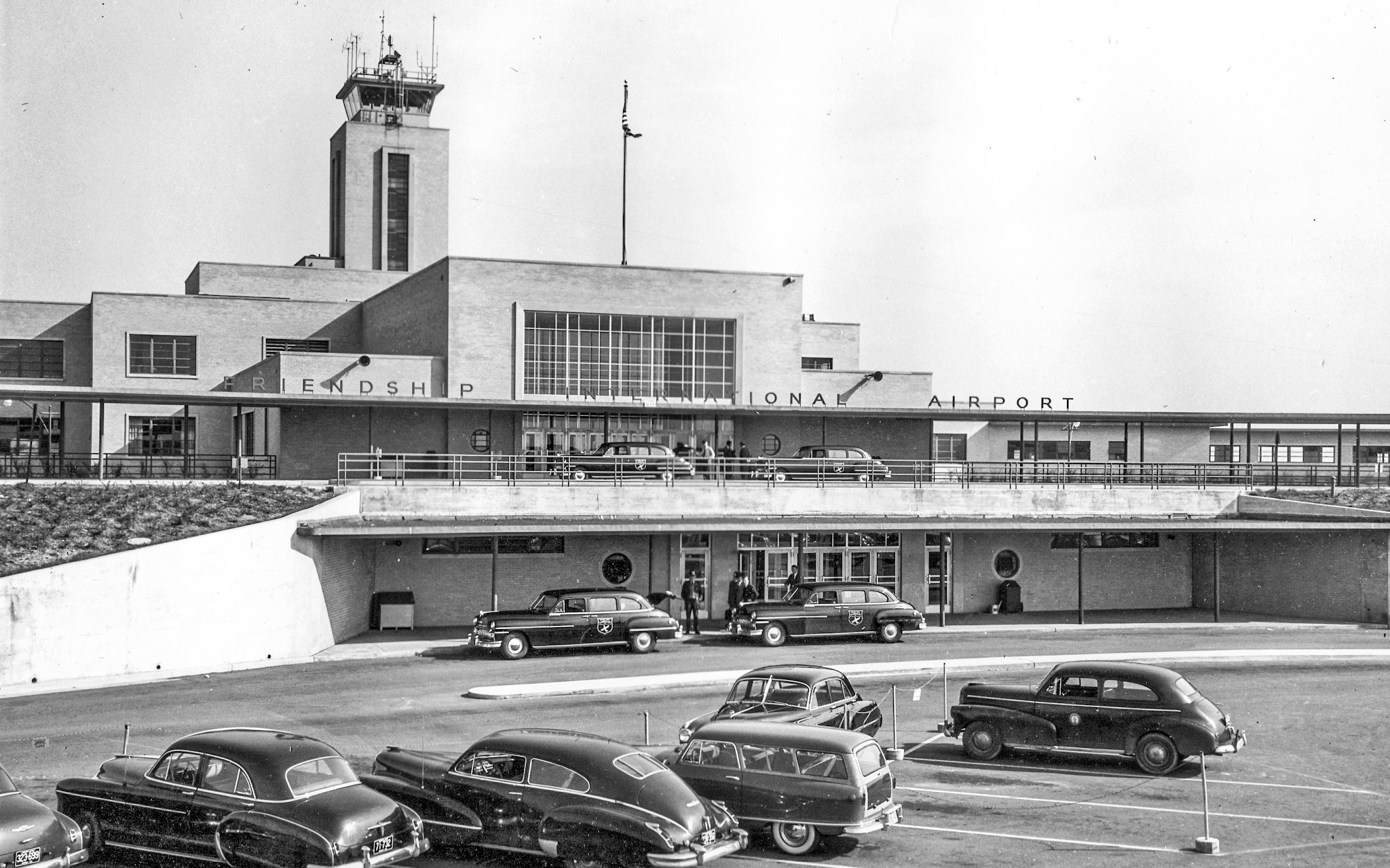 Photo of front of the Friendship International Airport terminal building, circa early 1950s.