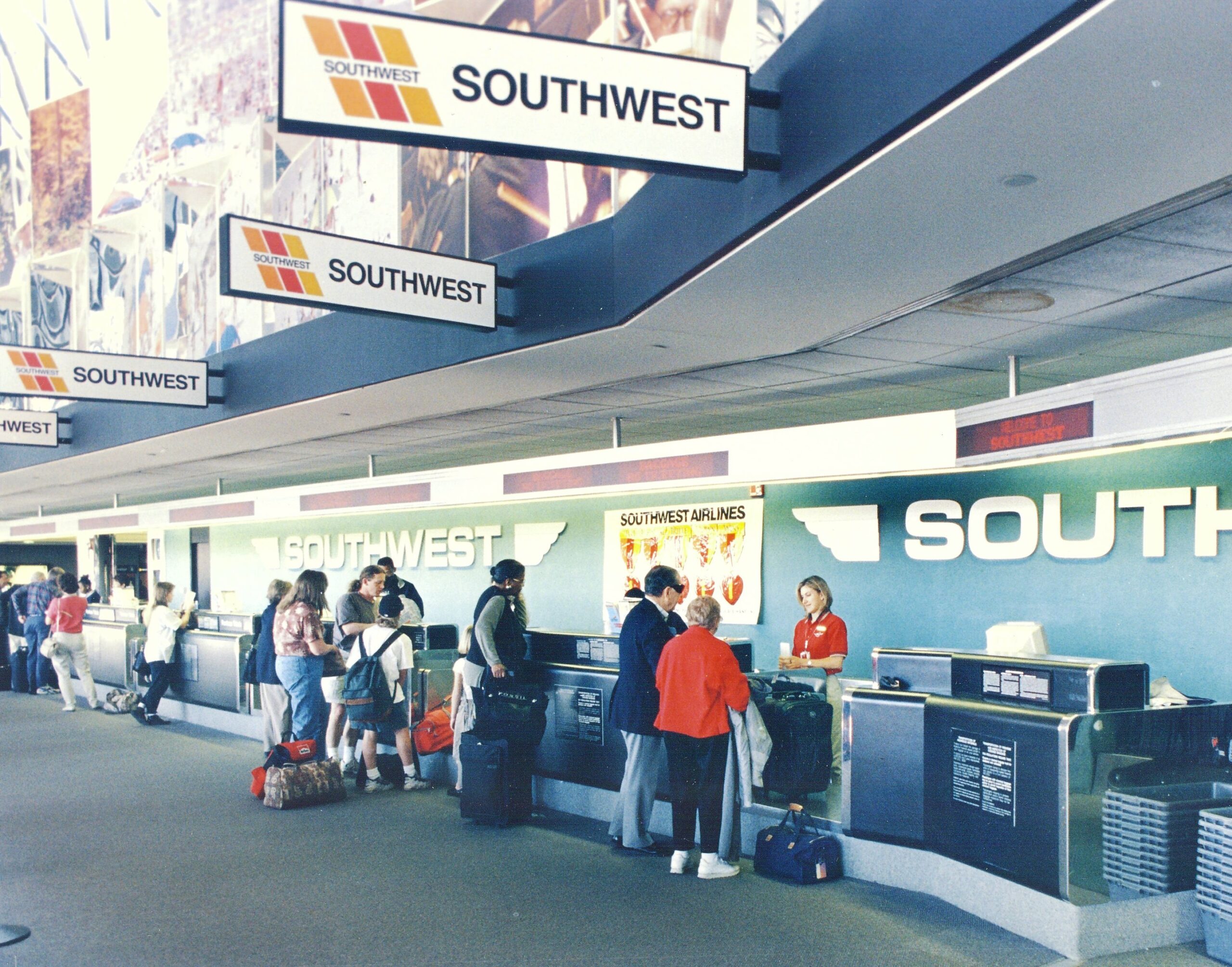 Photo of passengers at a Southwest Airlines ticket counter at BWI Thurgood Marshall Airport, circa mid-1990s.