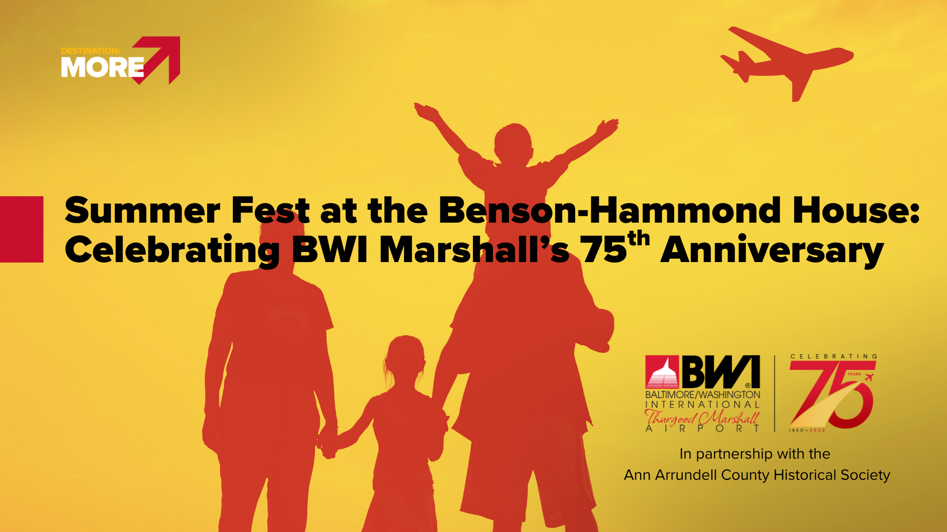 Graphic promoting Summer Fest at the Benson-Hammond House celebrating BWI Thurgood Marshall Airport's 75th anniversary on June 14.