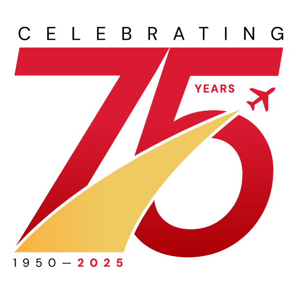 BWI Thurgood Marshall Airport's 75th anniversary logo, with text of Celebrating 75 Years. 1950-2025.