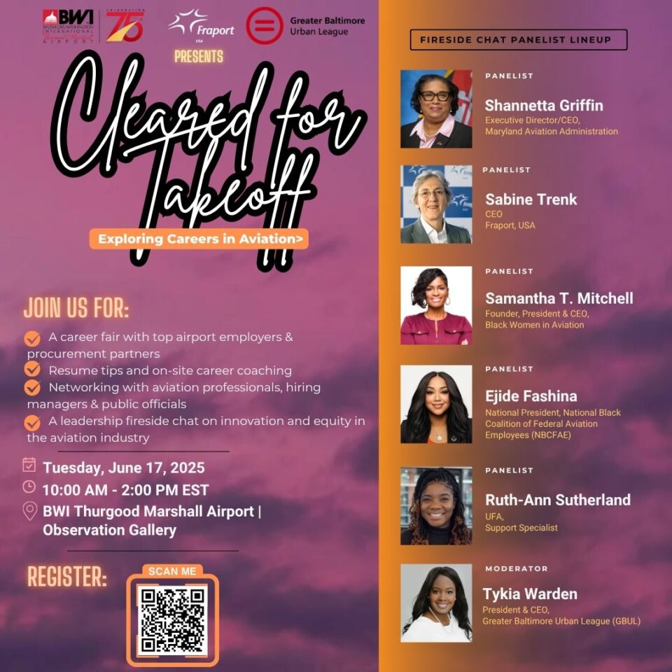 Graphic promoting the Cleared For Takeoff event at BWI Thurgood Marshall Airport on June 17 from 10am to 2pm. The dynamic one-day event will prepare attendees for careers in aviation. Register at gbul.com.