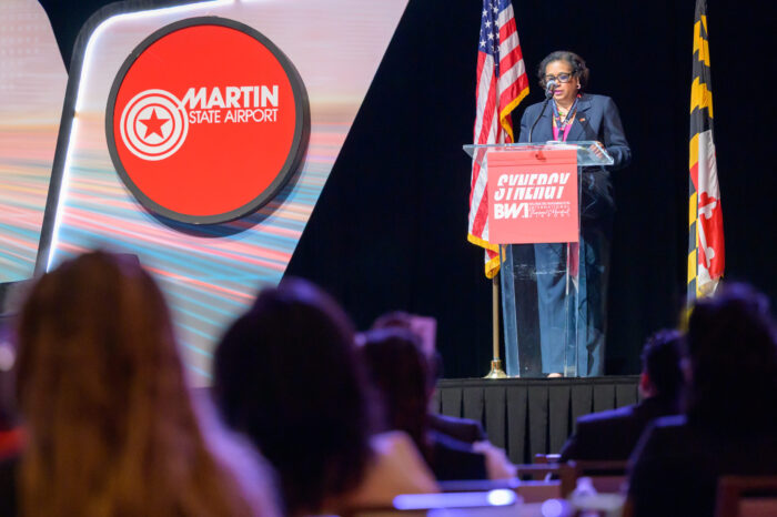 Photo of Maryland Aviation Administation Executive Director/CEO Shannetta Griffin speaking at the 2025 SynergyBWI Business and Networking event.