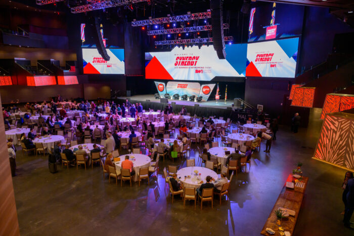 An overhead photo showing attendees filling the main hall of the the 2025 SynergyBWI Business and Networking event.