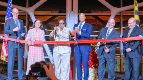 Photo of a ribbon cutting at BWI Thurgood Marshall Airport to commemorate the opening of the airport's A/B Connector and Baggage Handling System project.