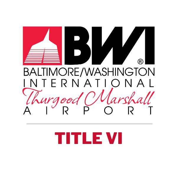 Graphic includes a white background with a full color logo of BWI Thurgood Marshall Airport and red text of Title VI.