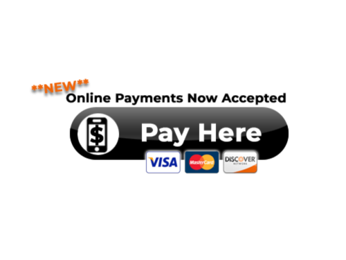 Icon with text of Pay Here. Online payments now accepted, plus icons of Visa, Mastercard and Discover.