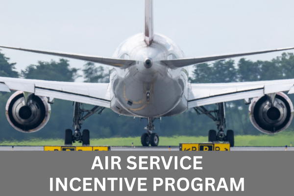 Photo of the rear of an aircraft on a taxiway at BWI Thurgood Marshall Airport with white text in a grey box along the bottom of the image that reads Air Service Incentive Program.