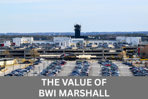 Photo overlooking an BWI Marshall Airport employee parking lot and the airport's control tower with an overlay of text that reads The Value of BWI Marshall.