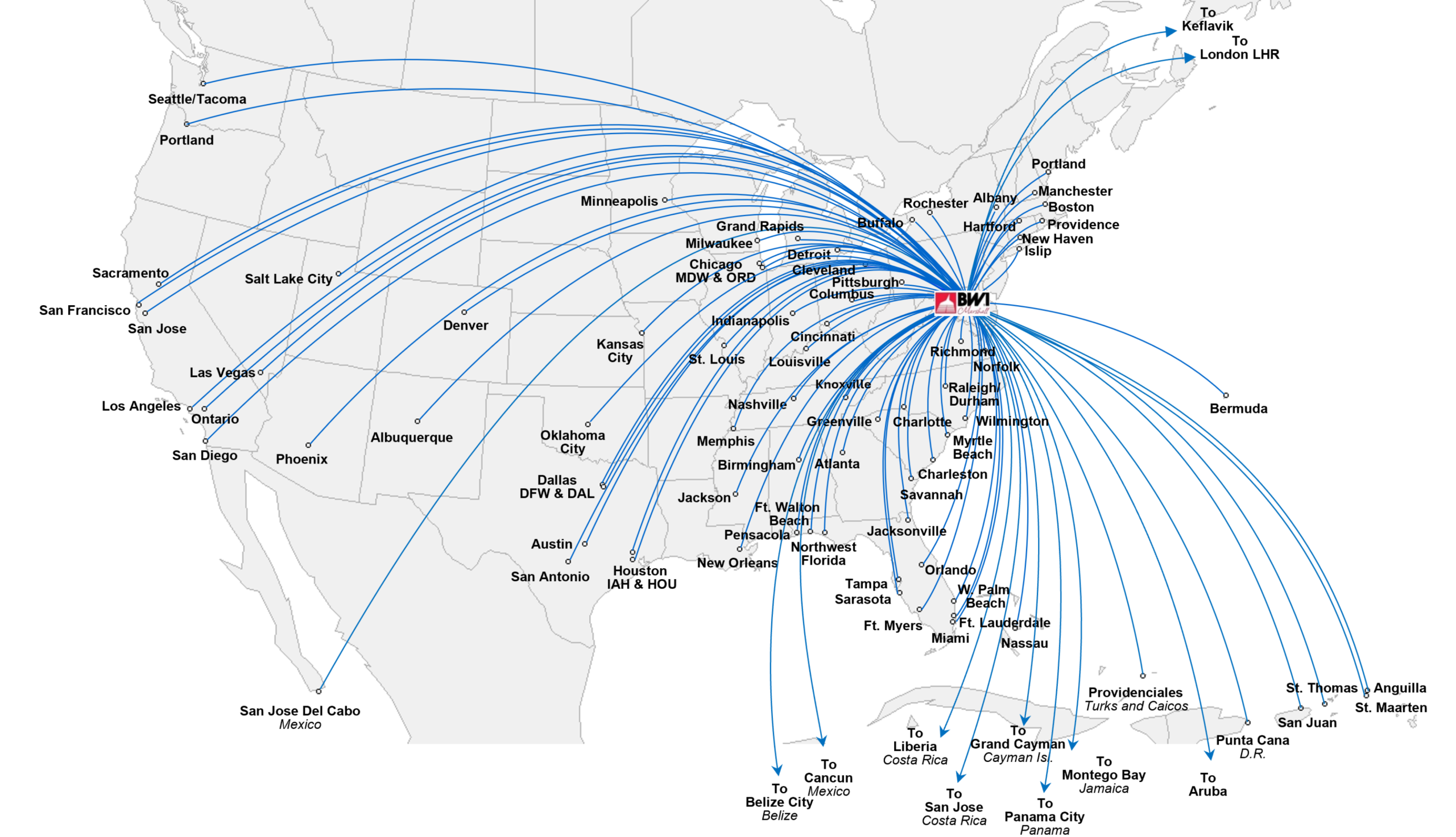 Route map graphic showing 90 nonstop destinations from BWI Thurgood Marshall Airport.