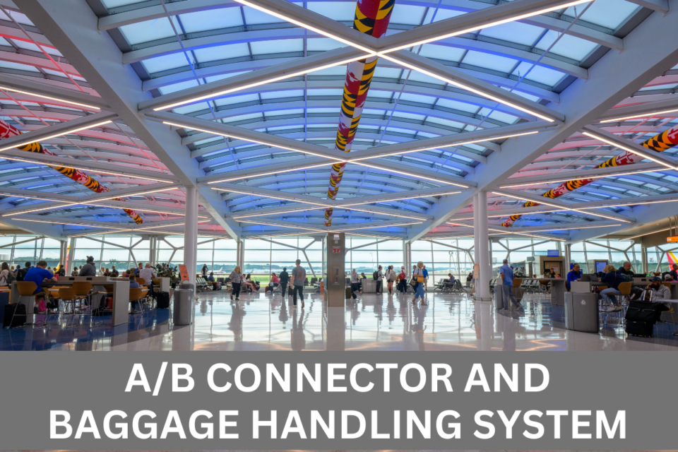 Passengers in the A/B Connector at BWI Thurgood Marshall Airport with overlay of following white text on grey background along the bottom of the image. A/B Connector and Baggage Handling System.