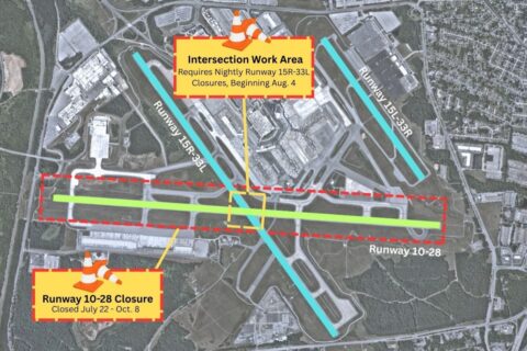 Aerial of BWI Thurgood Marshall Airport. Runway 10-28 is highlighted in green with text noting the closure of Runway 10-28 between July and October 8. Intersection work prompts nightly closure of Runway 15R-33L beginning August 4.