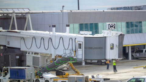 A passenger boarding bridge at Gate C2 at BWI Thurgood Marshall Airport.